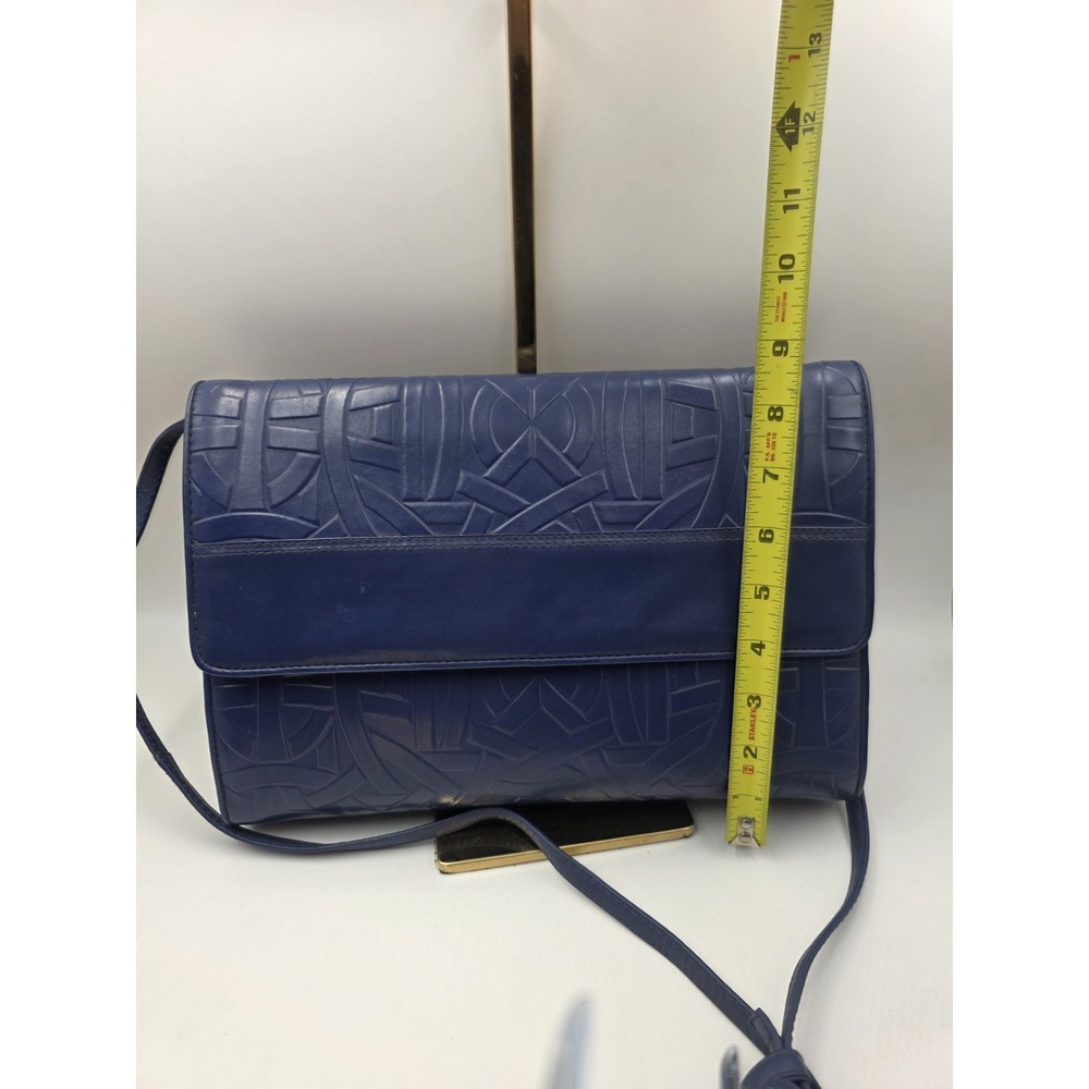 VTG‎ Blue Soft Leather Clutch Crossbody Purse Geometric Embossed Flap 12x9 - Picture 14 of 14